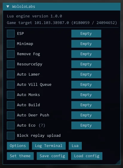 WololoLabs command menu showing available built-in features