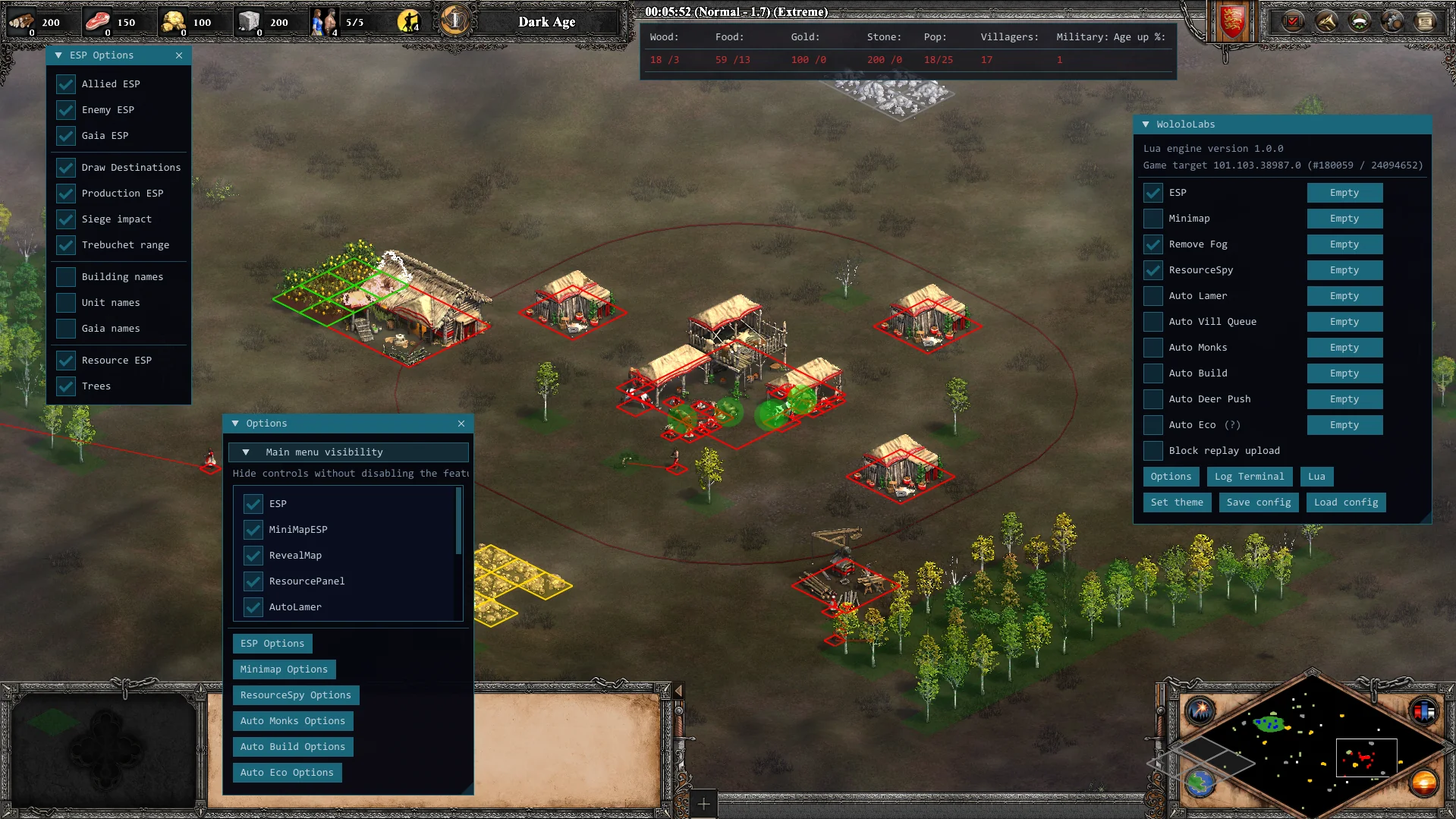 Age of Empires II match with WololoLabs ESP controls and tactical overlays visible